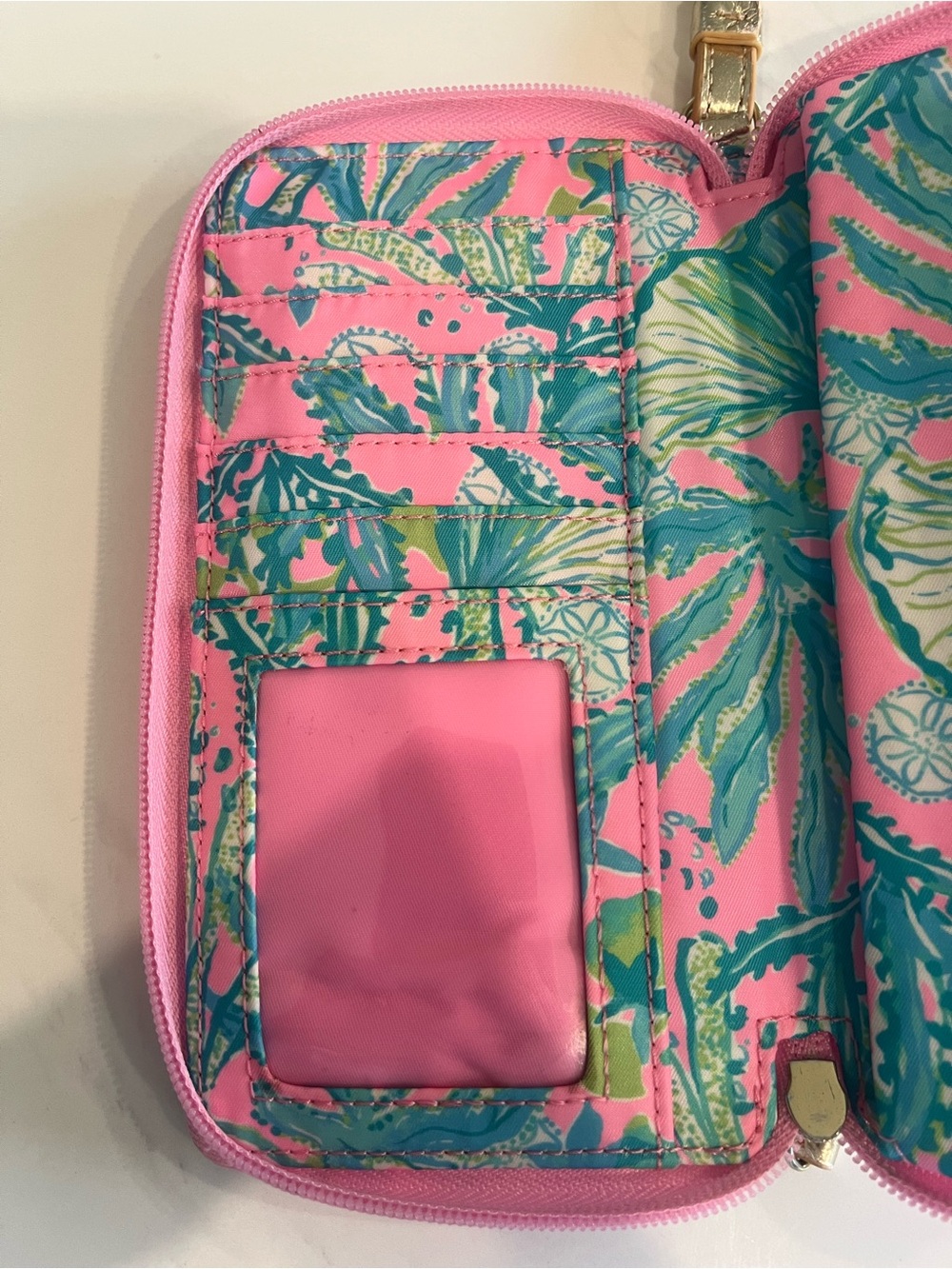 Lilly Pulitzer Pink Tropical Print Wristlet Wallet with Gold Strap - Picture 8 of 11